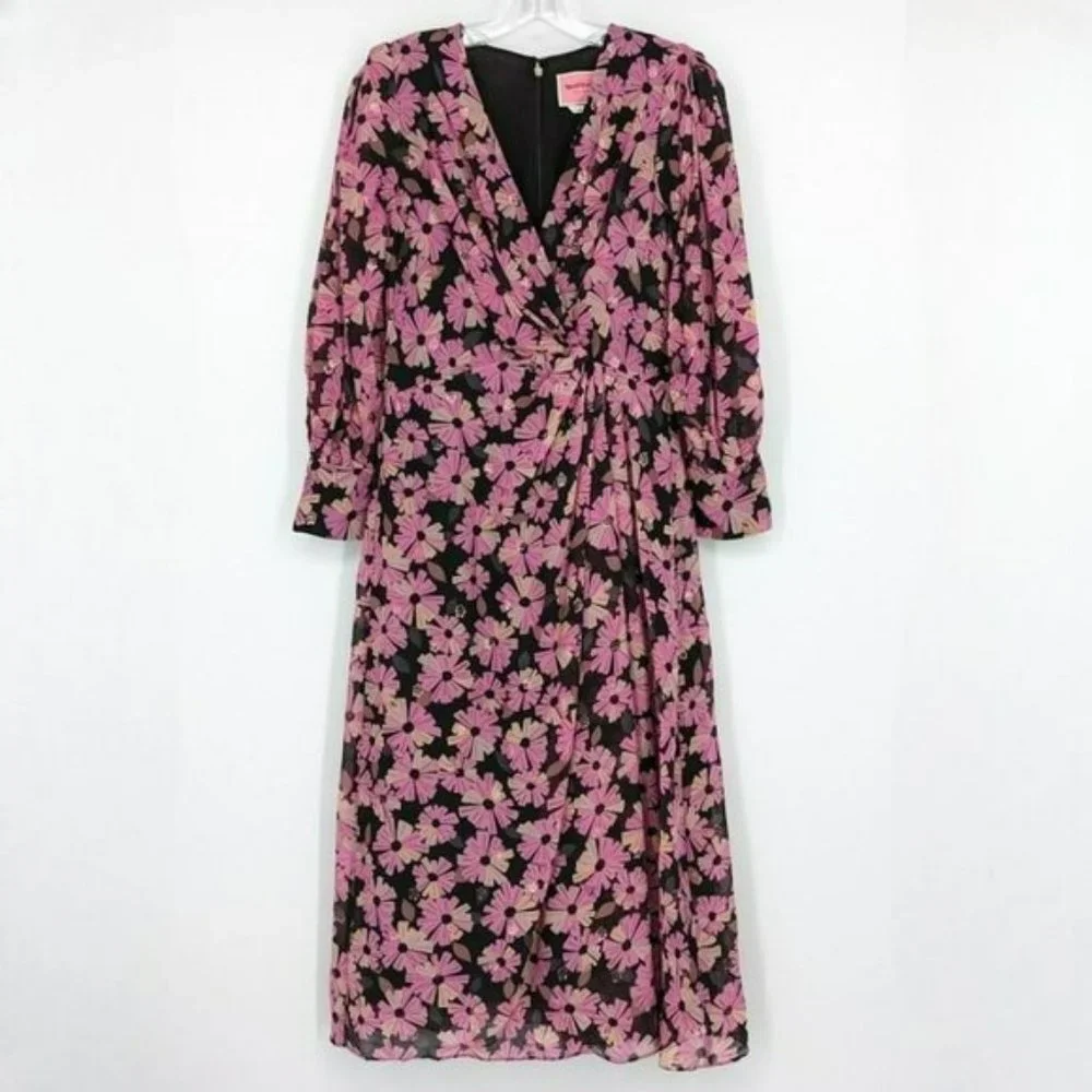 Kate Spade Wallflower Midi Dress 2 Black Pink Metallic Silk Chiffon Long Sleeve